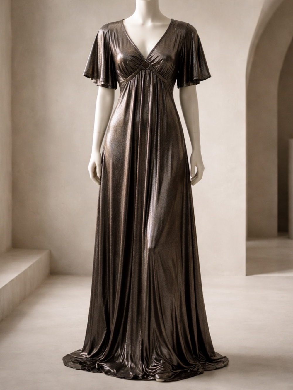 Unique Vintage Metallic Bronze V-Neck Maxi Dress